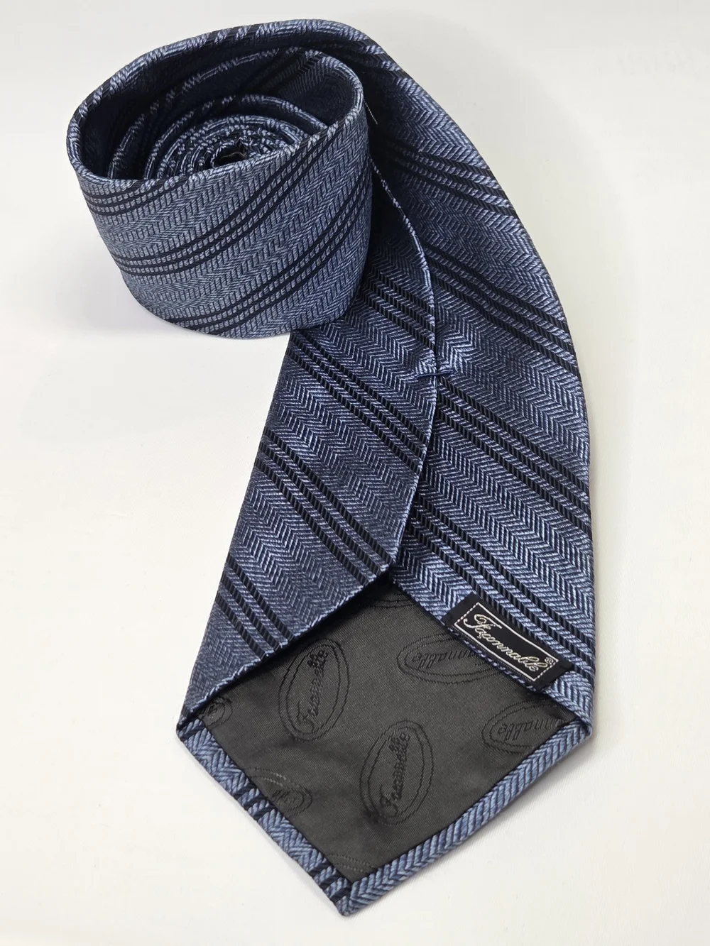 Faconnable Mens Navy Blue Herringbone Black Striped 100% Silk XL Tie 3.85